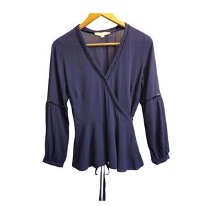 LOFT True Wrap Blouse Lattice Inset Trim Poet Sleeve Peplum Waist Hem Navy Small